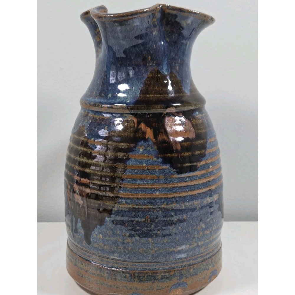 Vintage Blue Studio Art Hand-Thrown Stoneware Pitcher Signed Dated 1984